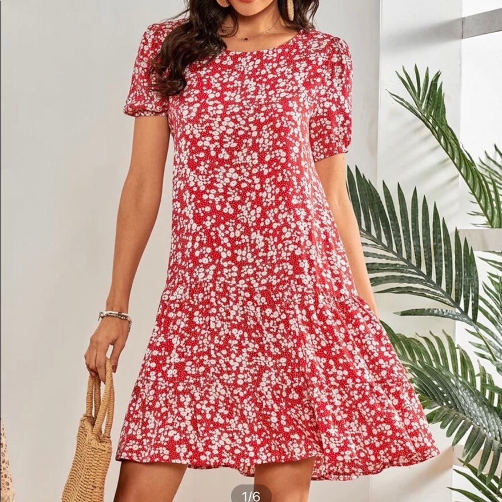 Shein puff sleeve ruffle hem ditsy floral & dot dress red white size small